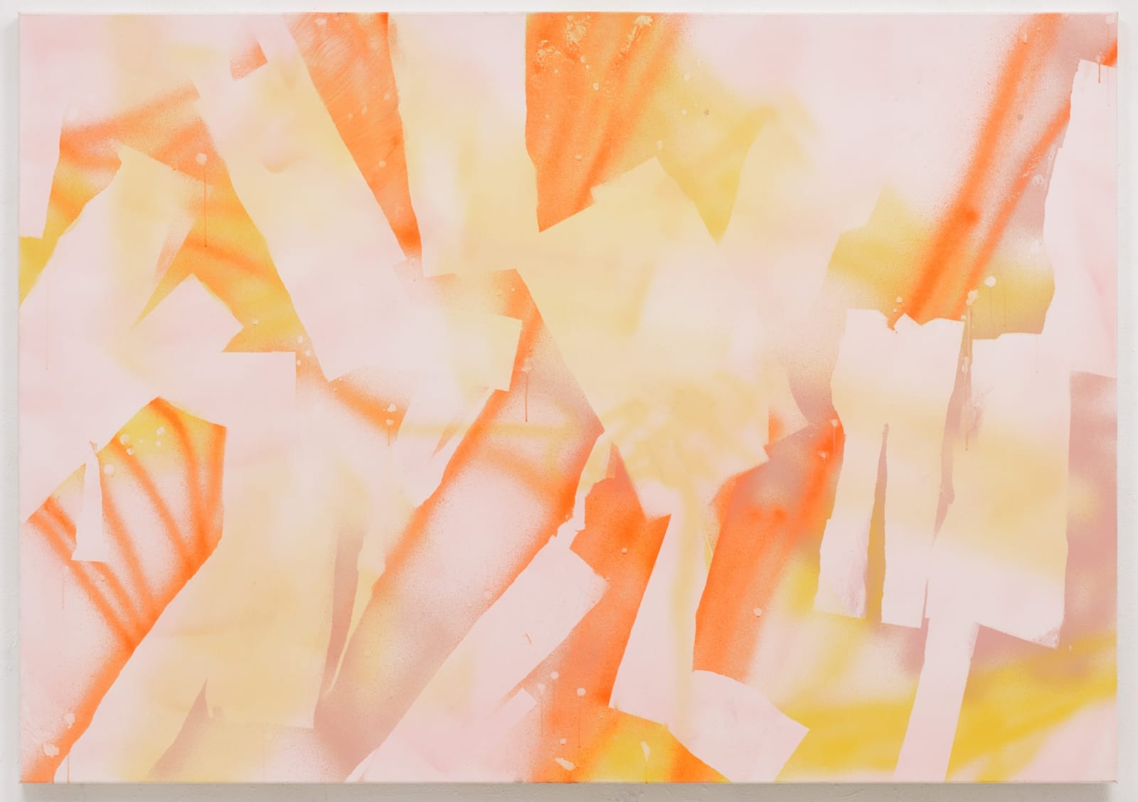 Jagged graffiti-style strips of orange paint cover pastel pink and yellow background to create an abstract pattern.