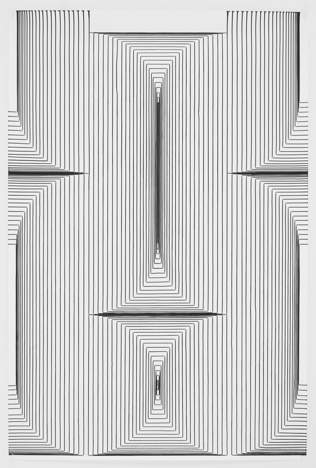 Horizontal and vertical straight black ink lines form a curving mirrored geometric pattern. Throughout the piece lines get closer to create optical illusions of depth and recession into space