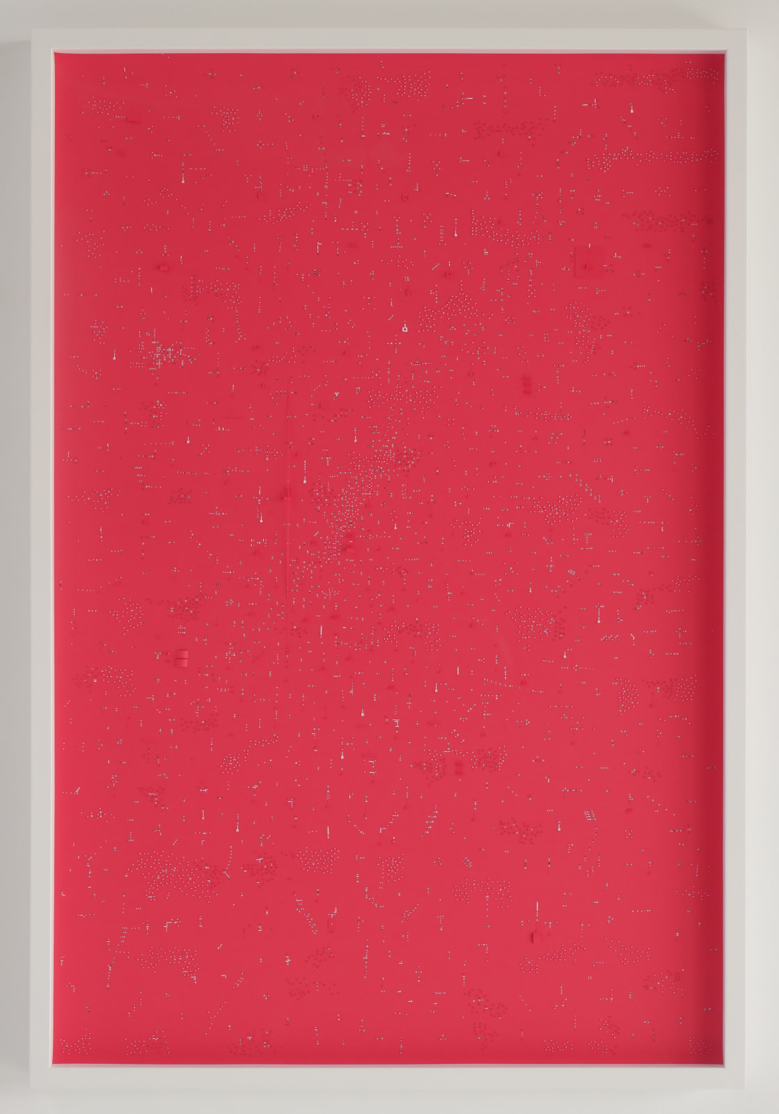 A red vertical rectangle with white, black, and red 1D and 3D cutouts and flaps in a white frame.