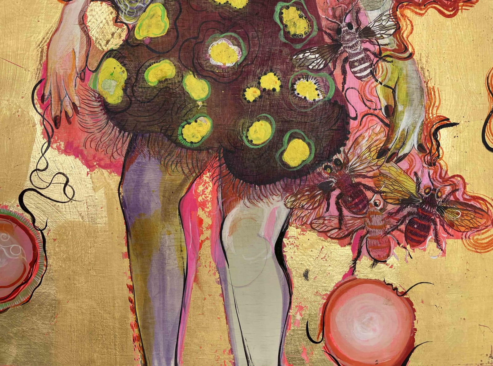 A detailed image of woman's floral dress while being surrounded bees.