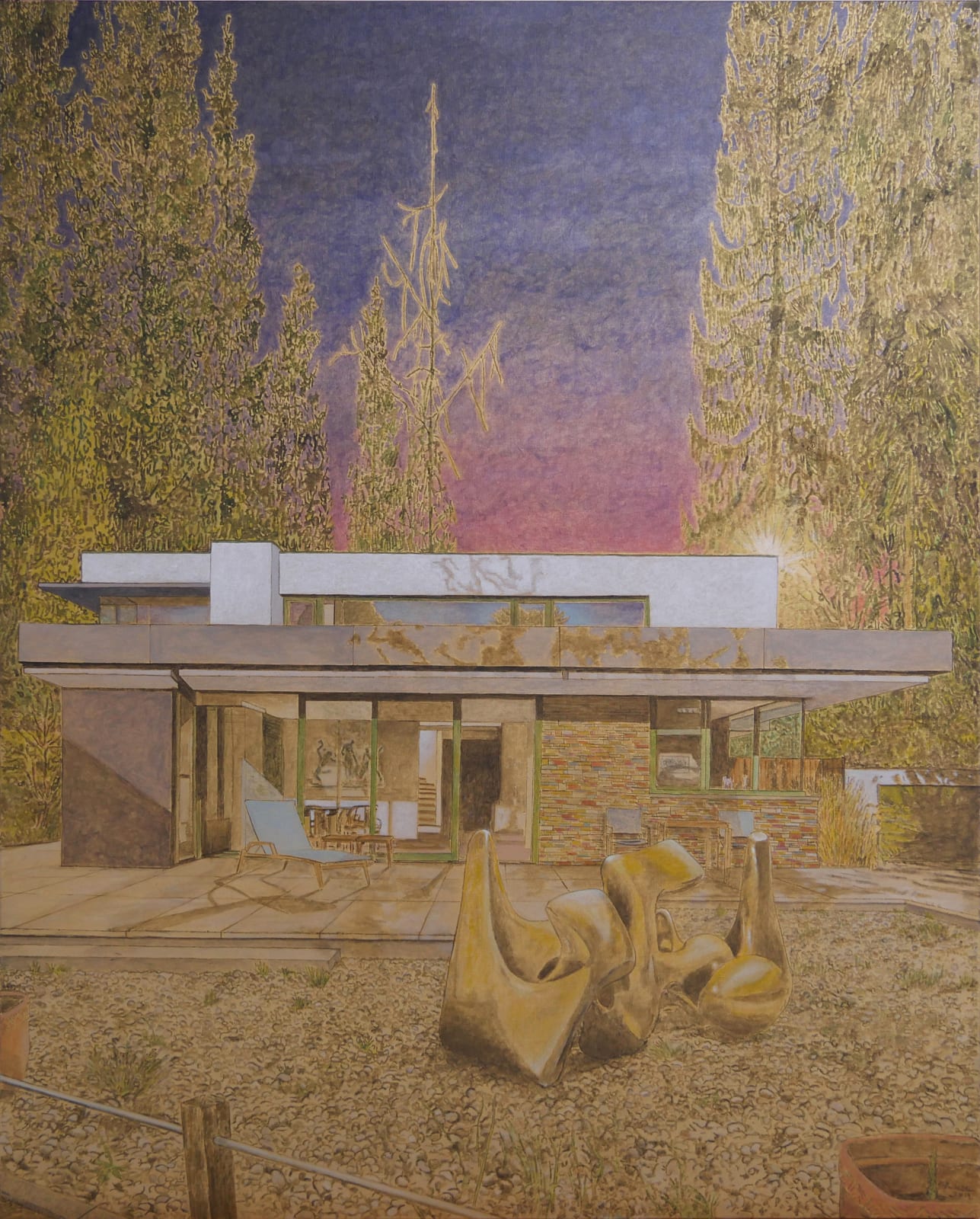 Set against ghost-like trees and purple and blue sky, scene is of Mid Century modern house and patio with modern metal sculpture in garden. Scene is painted in sepia tones with metallic undertones.