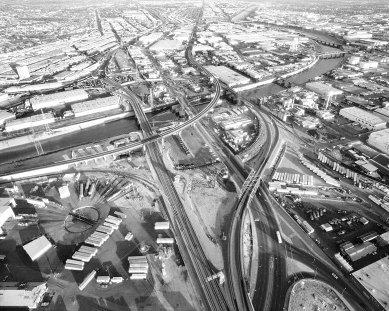 Michael Light, Los Angeles 02.12.04: #4 L.A. River and Washington Boulevard Looking East, Santa Fe Railroad Shops at Left, 2004