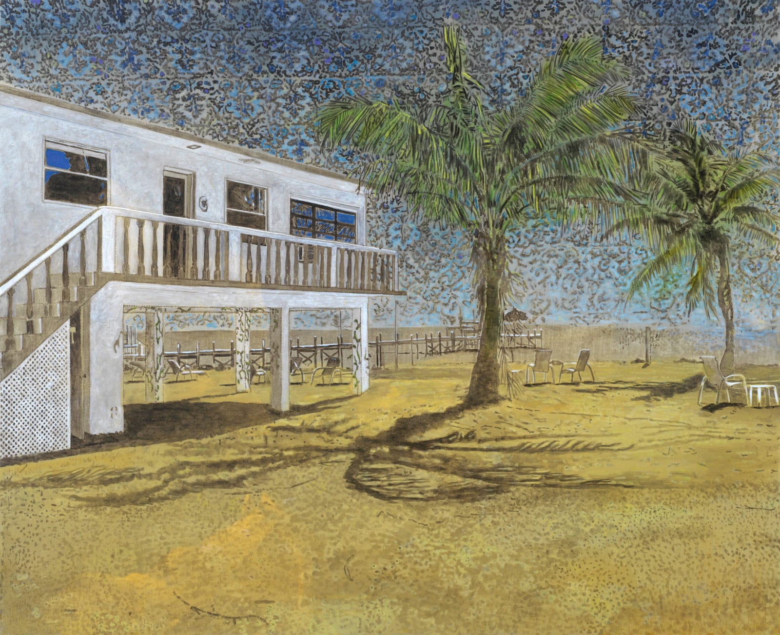 Two-story house on stilts stands above desolate grassy landscape with palm trees. Blue sky in background has intricate floral pattern.