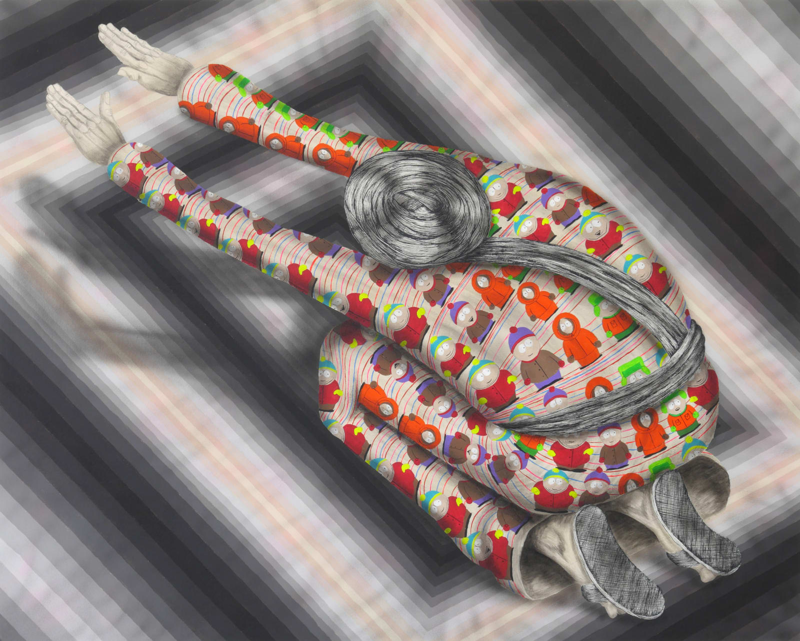 Man in a kneeling bowed position with outstretched arms wears turban and colorful robes with cartoonish images of small children in snow outfits. Background is gray gradient concentric rectangles.