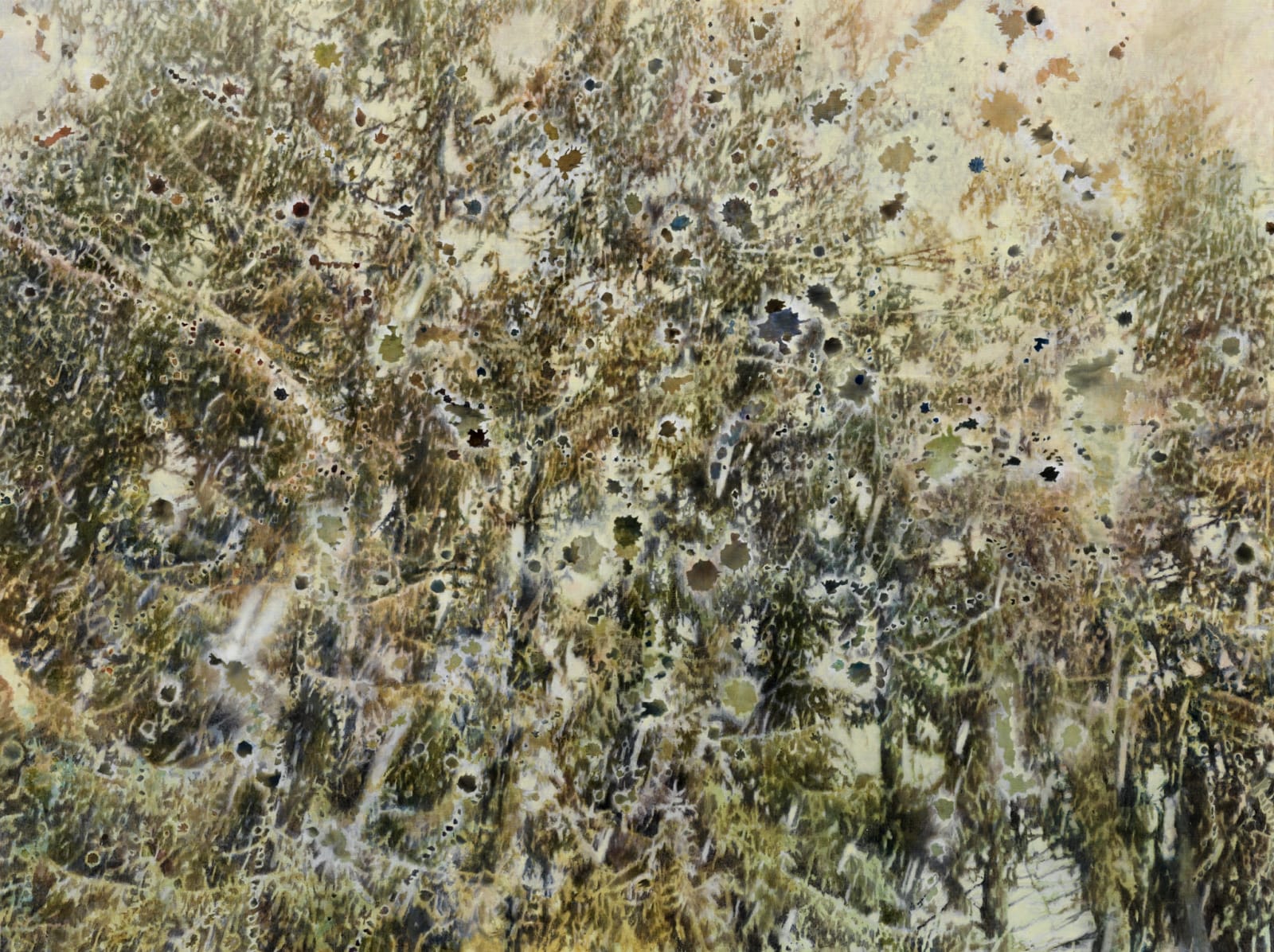 Against a tan background, green paint creates a thick, foliage-like pattern spreading up the canvas. Small dots in dark brown paint are scattered throughout the canvas.