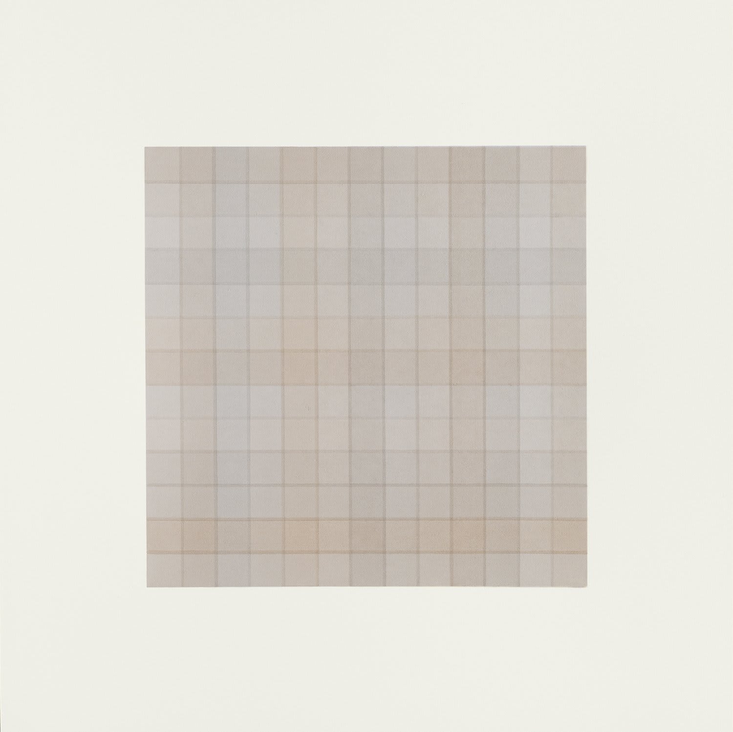 Gray horizontal and vertical grid lines separate squares of muted tan colors with hints of primary and secondary colors, creating grid of thirteen by thirteen squares.