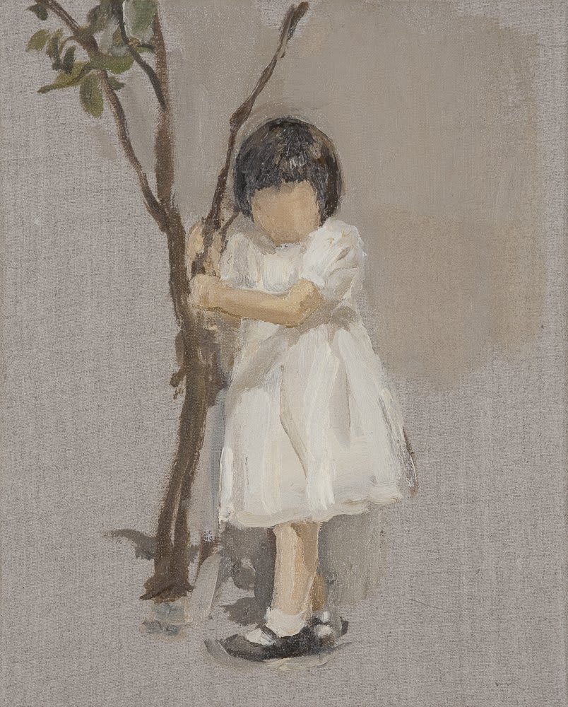 Small faceless child in white dress holds onto thin tree against exposed canvas background.