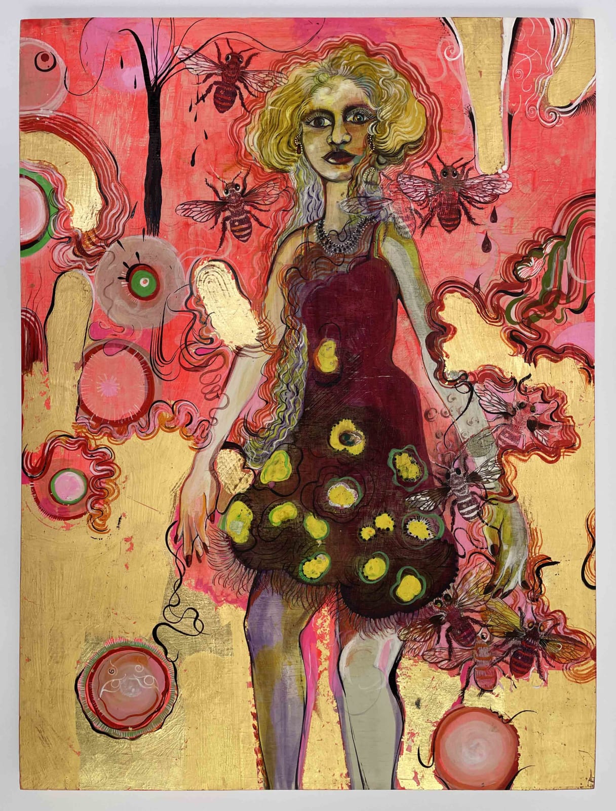 An image if a woman in floral dress surrounded by bees and ambition.