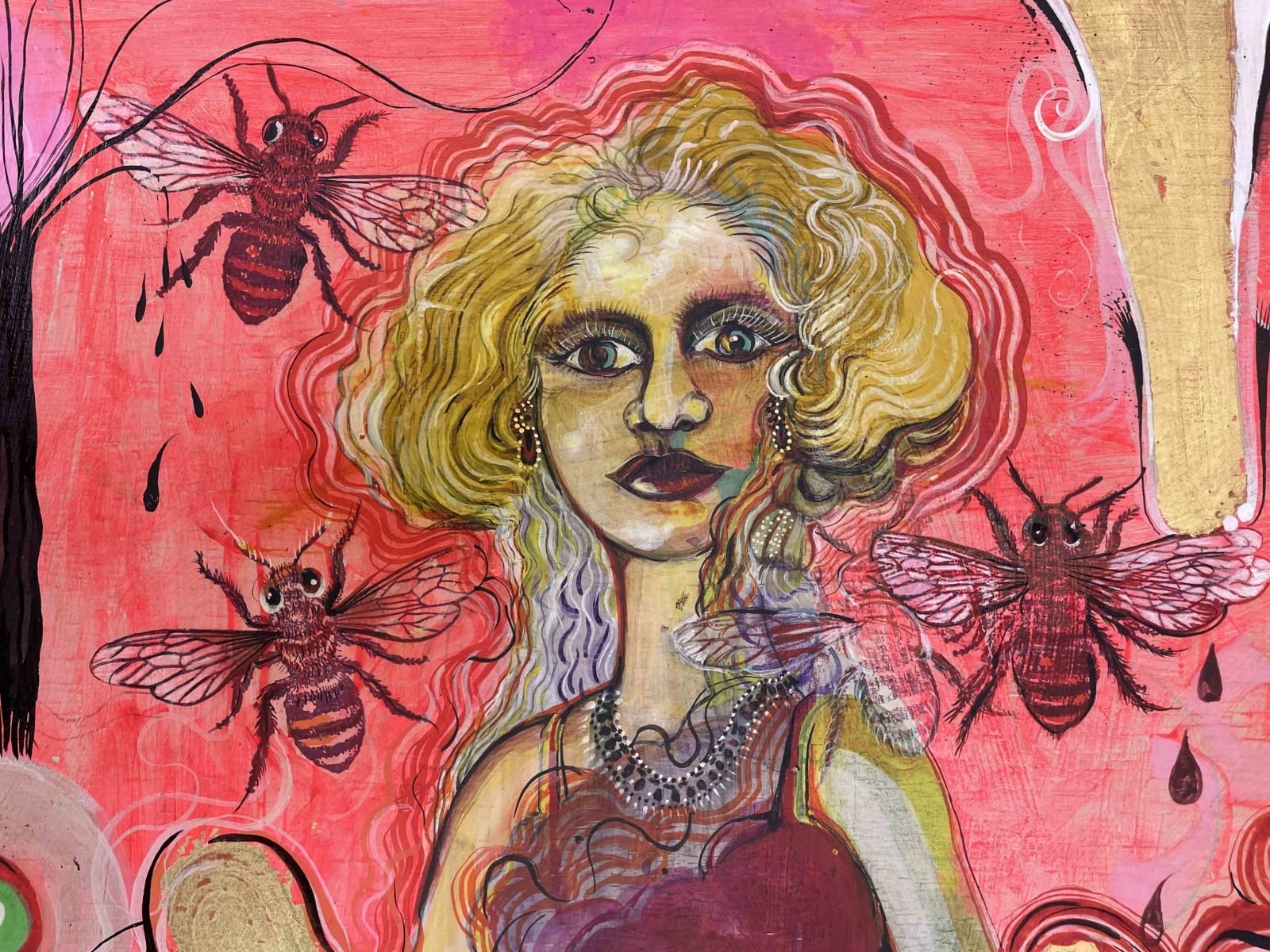 A detailed image of woman's face while being surrounded bees.