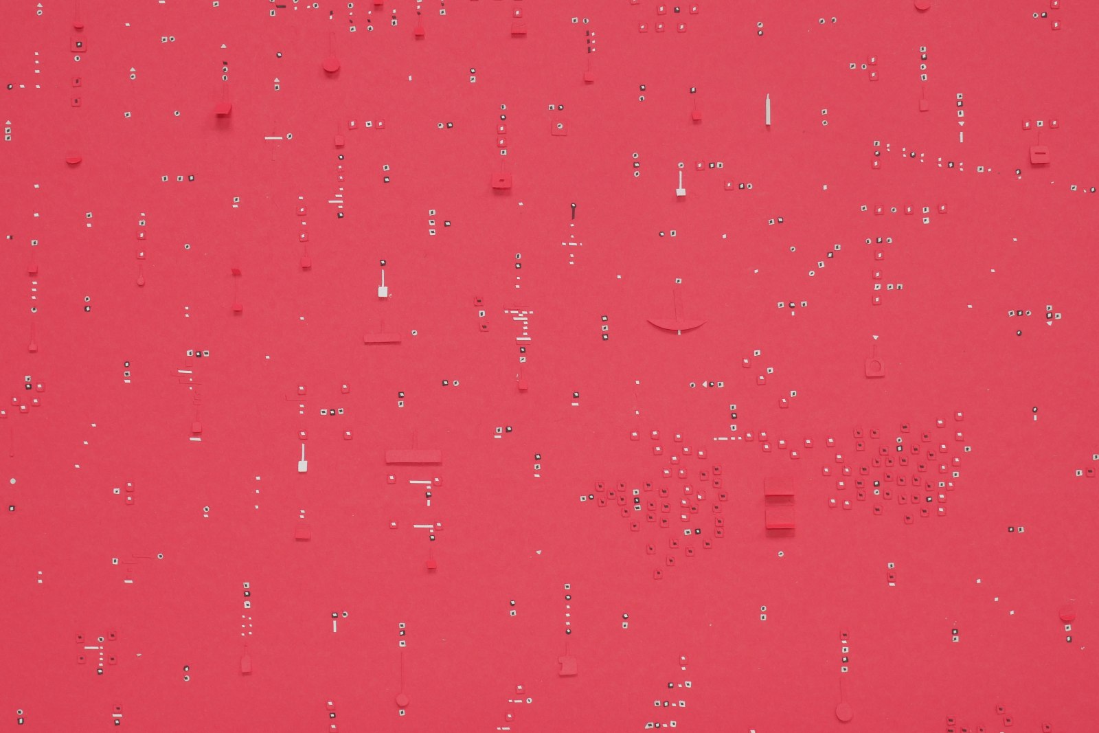 Detail; white, black, and red 1D and 3D cutouts and flaps on a red background.