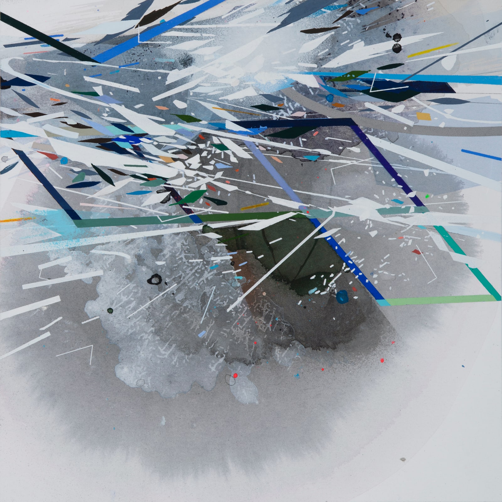 Abstract mixed media piece of a multicolored but predominantly blue exploding cloud form made out of various layered and interconnecting geometric patterns and paint splotches against a white background