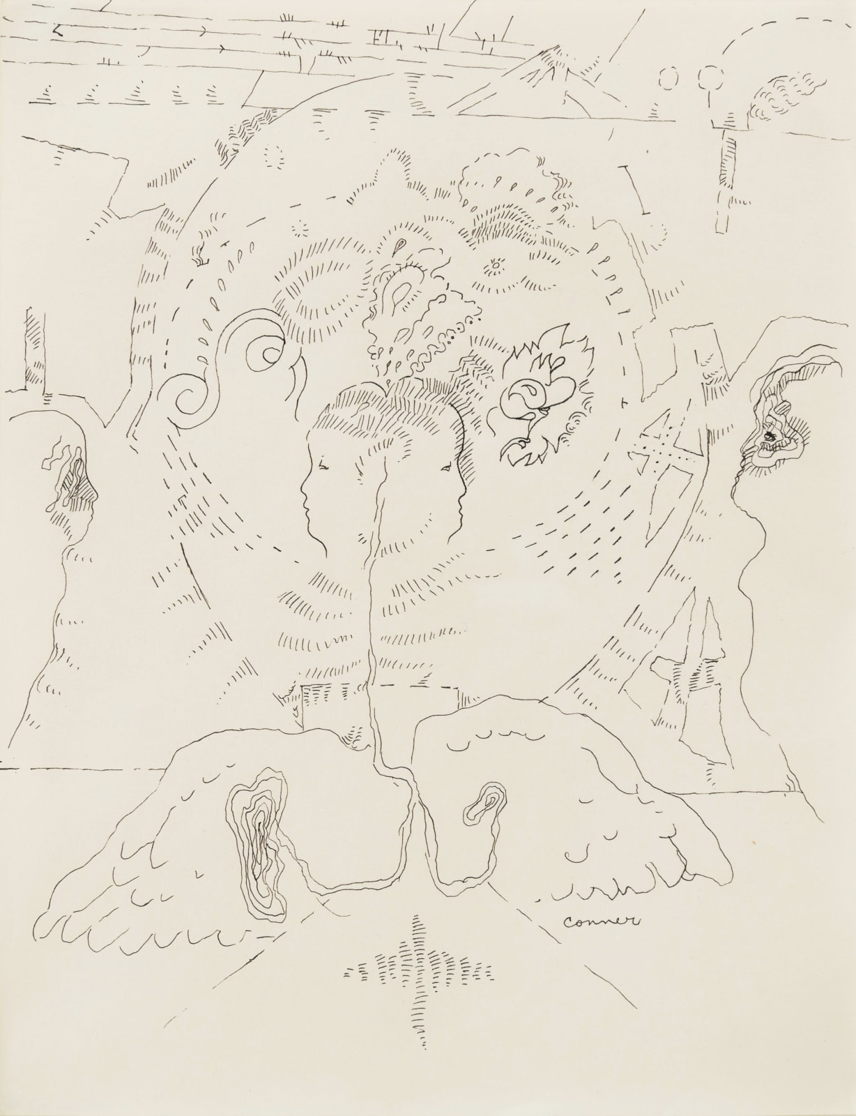 Black ink on paper creates a thinly illustrated and abstract scene of short hatching lines with some recognizable forms such as two profile heads and a pair of wings