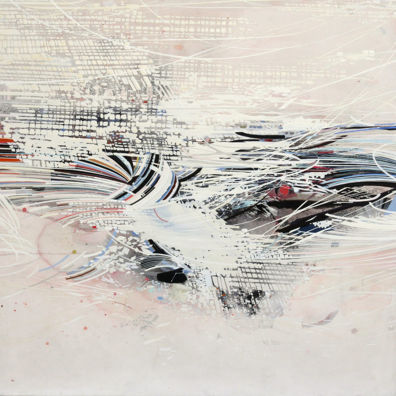 Abstract mixed media piece of a large multicolored exploding mass of various layered and interconnecting geometric and organic patterns, swirls, paint splotches and watercolor washes against a light pink background