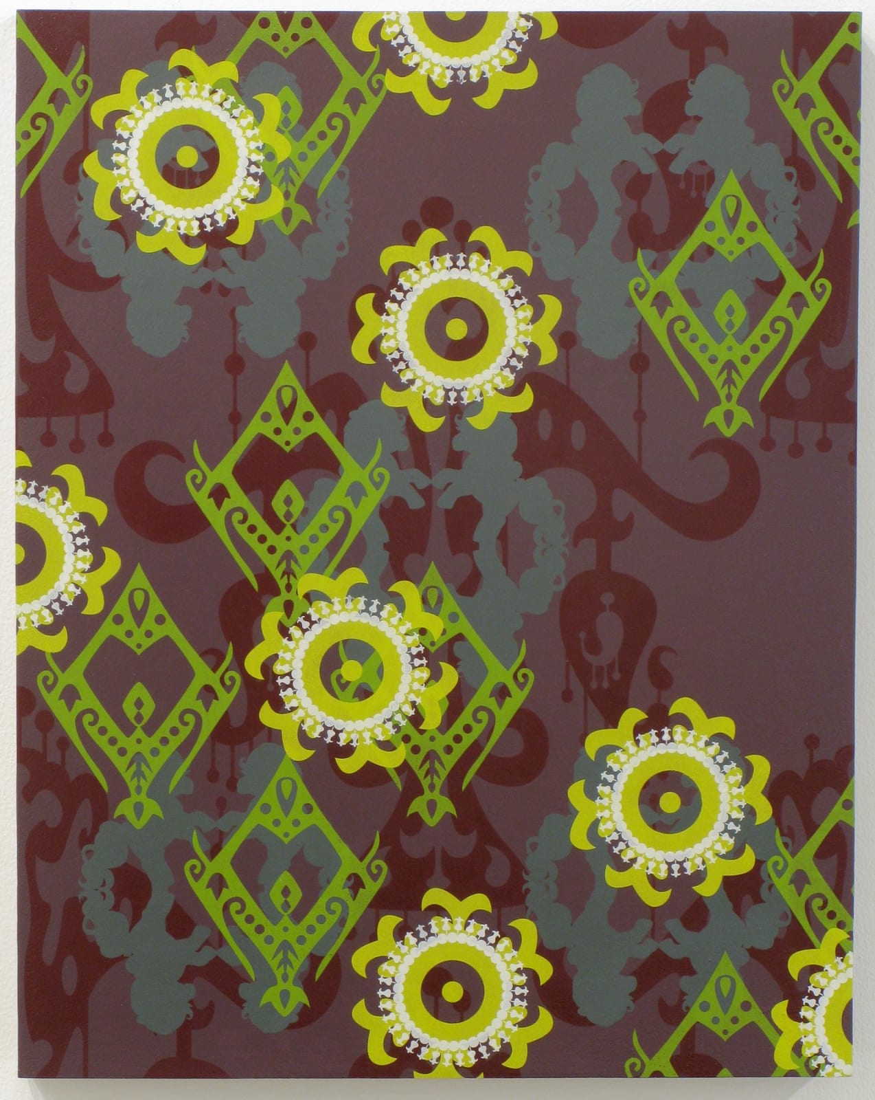 Several layers of multi-colored acrylic paint overlap to display several patterns against a dark faded maroon painted panel The symbols depict various geometric and vegetal motifs along with elements from the artist’s own Asian American upbringing in the primarily white suburb of Orange County California