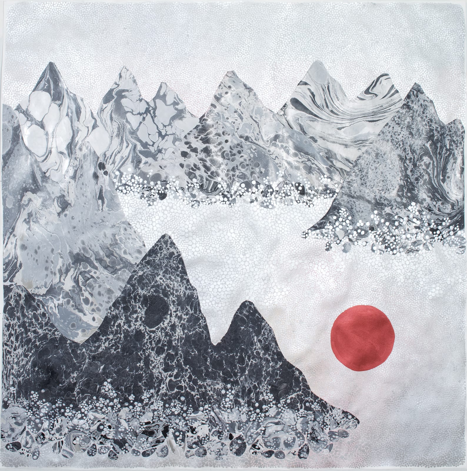 Mixed media marbled mountainous blue toned landscape with a valley filled with silver metallic pointillism clouds. Towards the bottom right of the piece a red moon floats and illuminates the clouds around it with a faint pink