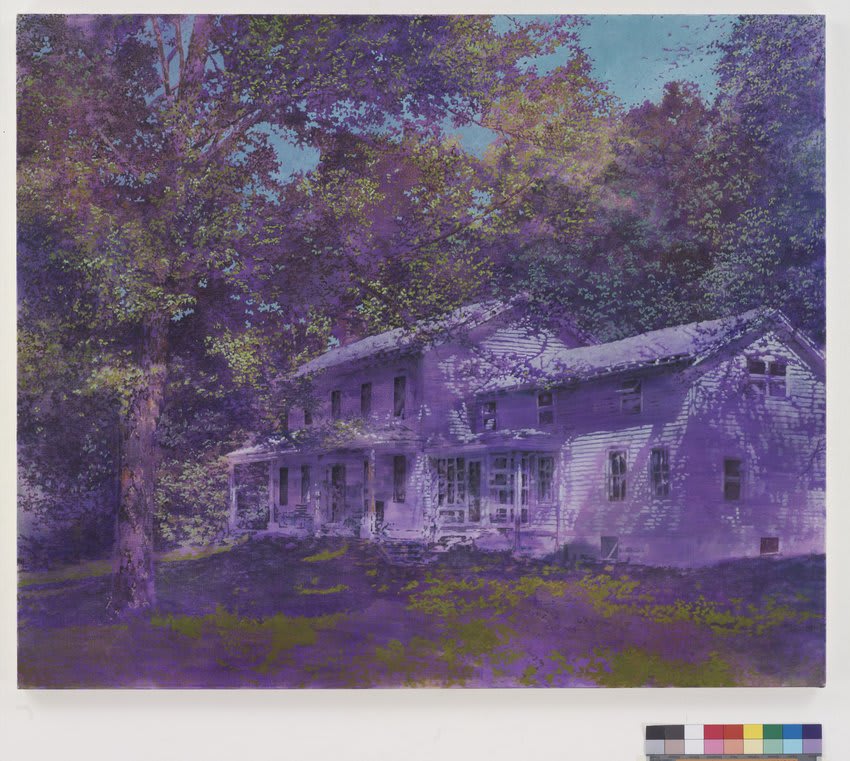A tree and its shadow hover over a building in the woods. Scene is painted in shades of purple and green against a blue sky.