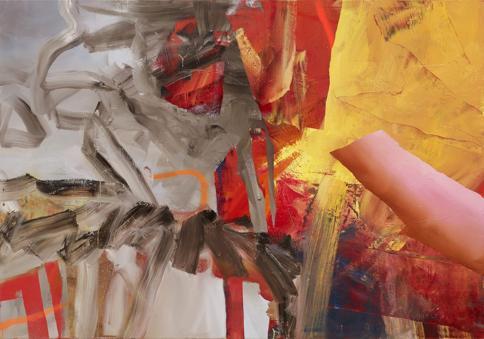 Brown textured loose brushstrokes are layered over cloudy gray background to the left, red background in the middle, and textured yellow background to the right.