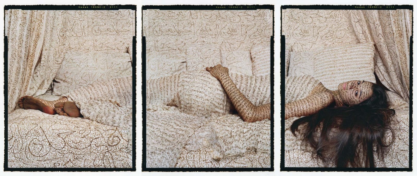Triptych of woman reclining with skin covered in henna calligraphy, by Lalla Essaydi
