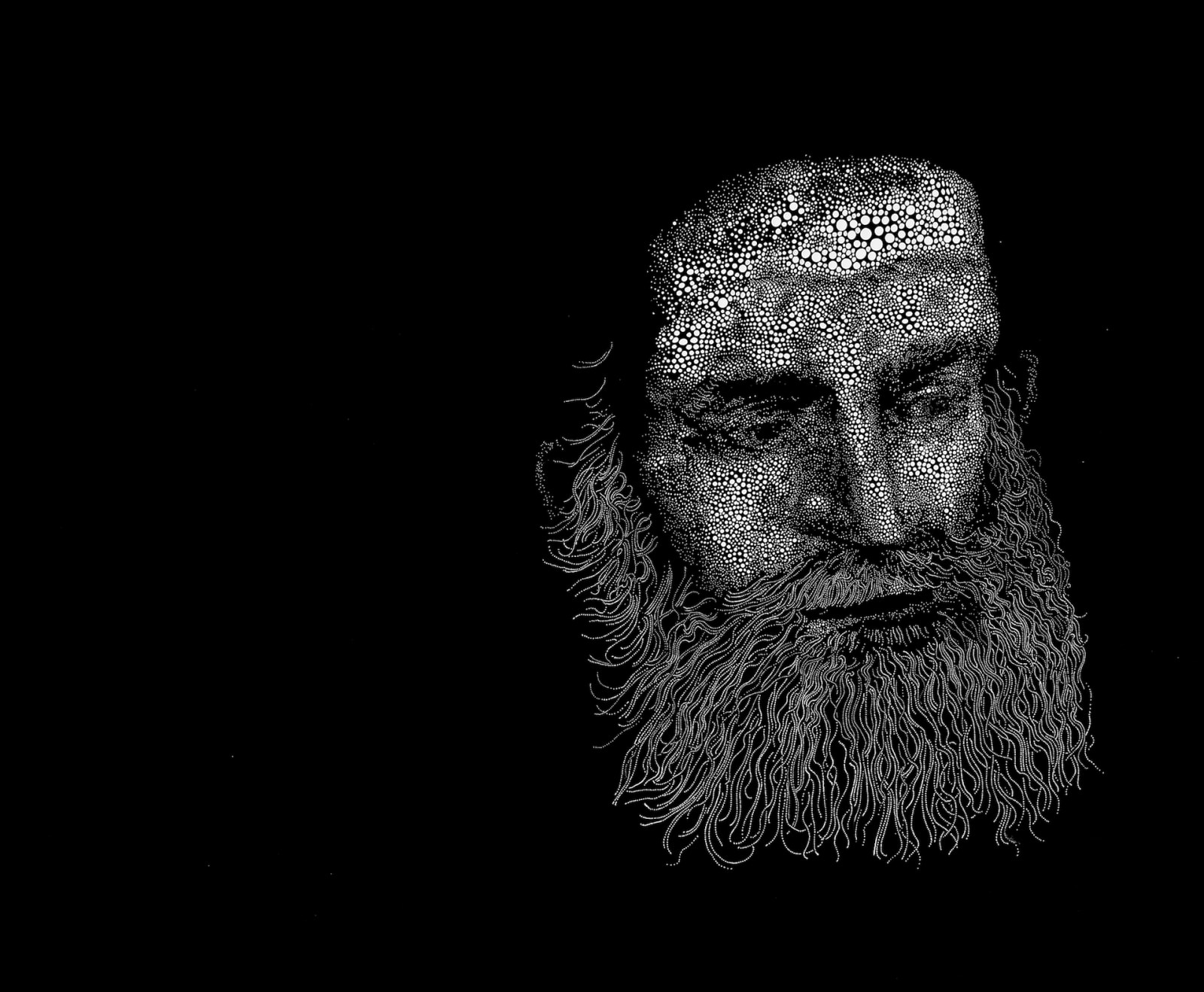 Sebastiaan Bremer Jerome black and white image of Old Masters style man's head painted with dots emerging from black background