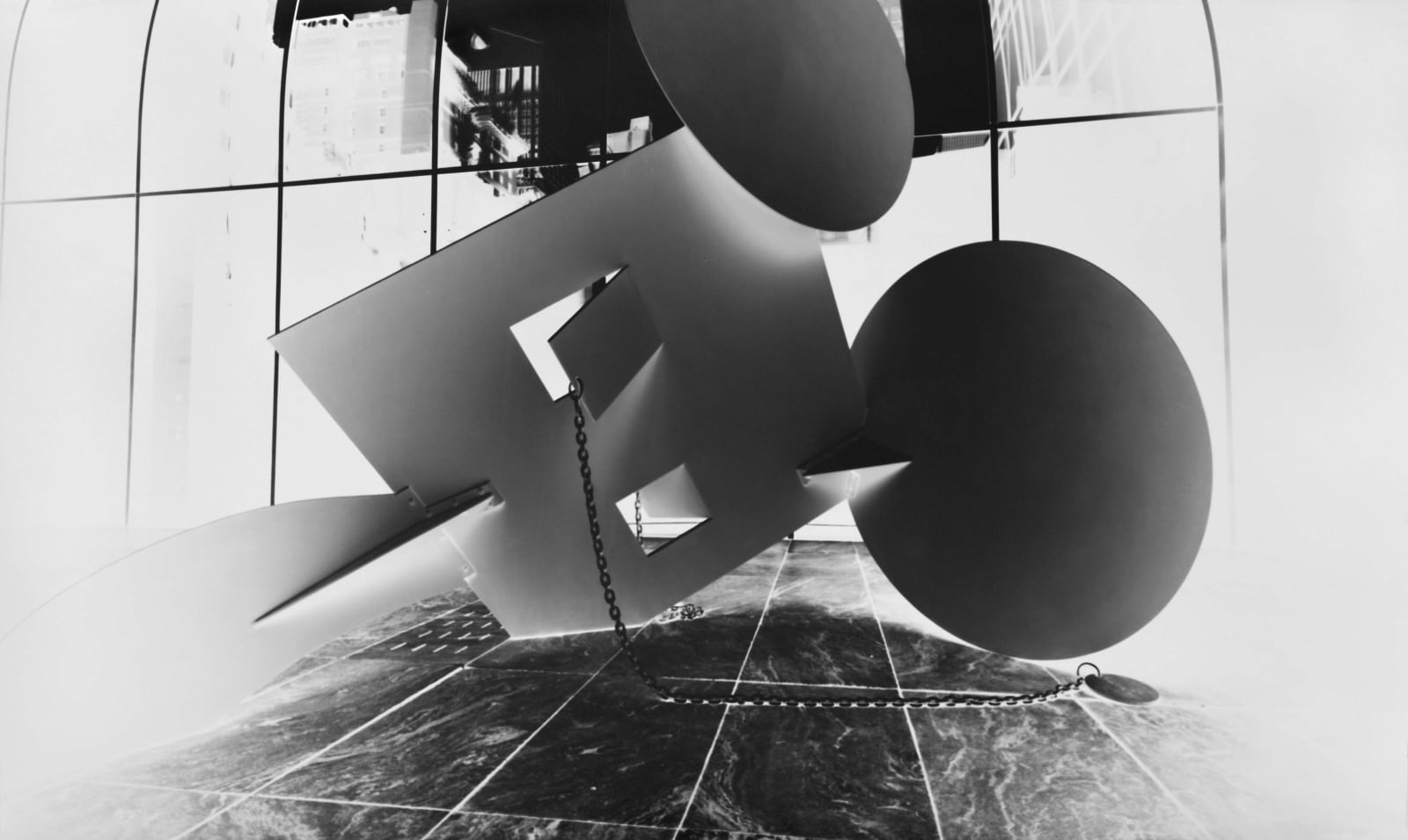 Vera Lutter Claes Oldenburg, Geometric Mouse, Variation I, Scale A: October 15, 2013 inverse black and white image of Oldenburg sculpture