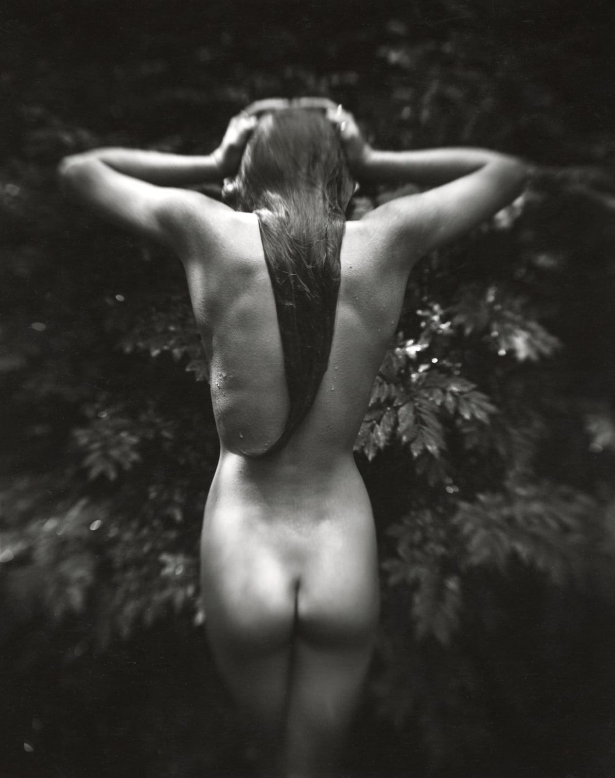 Jessie Mann standing nude facing away from the camera with her hands on her head, from Sally Mann Immediate Family series