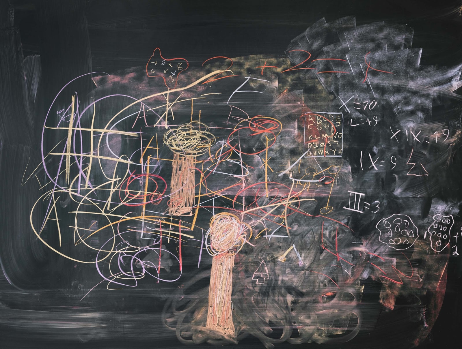 Photograph of chalkboard with first graders' drawings in orange chalk by Jessica Wynne