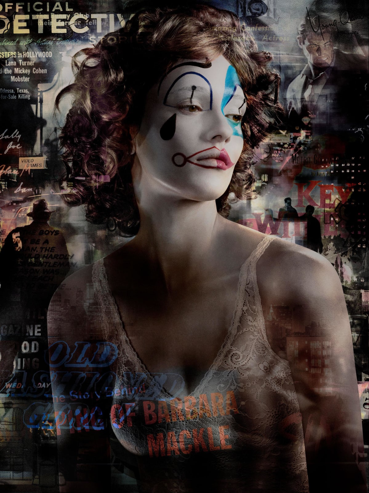 Valérie Belin Old Fashioned Girl portrait of woman in clown makeup with overlay of vintage city night scenes