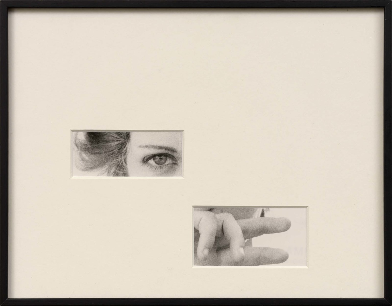 Custom mat with two rectangular cut-outs revealing part of a woman's head with her right eye and fingers from her right hand. From Sissi Farassat's Revelation series.