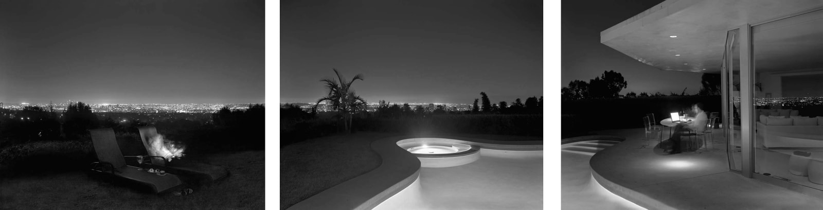 Calum and Eric watching Grey's Anatomy and playing Solitaire by their pool in California, long exposure made at night, by Matthew Pillsbury