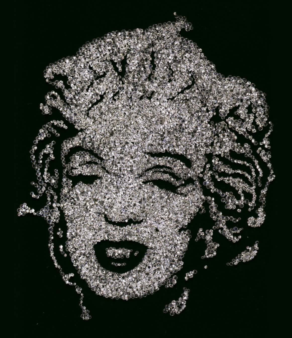 Vik Muniz photograph of Marilyn Monroe's face made out of diamonds against black background