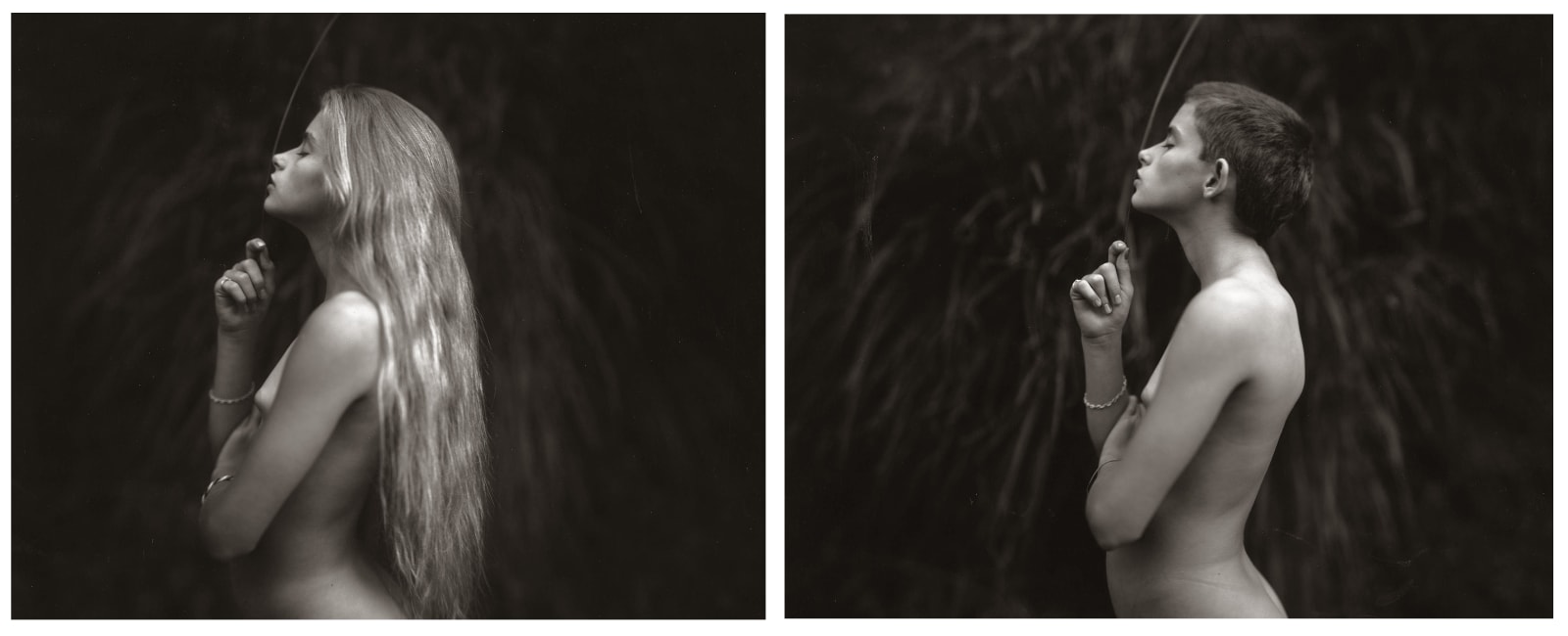 Jessie at 12 diptych, first with long hair before haircut and next with short hair after haircut, from the Immediate Family series by Sally Mann