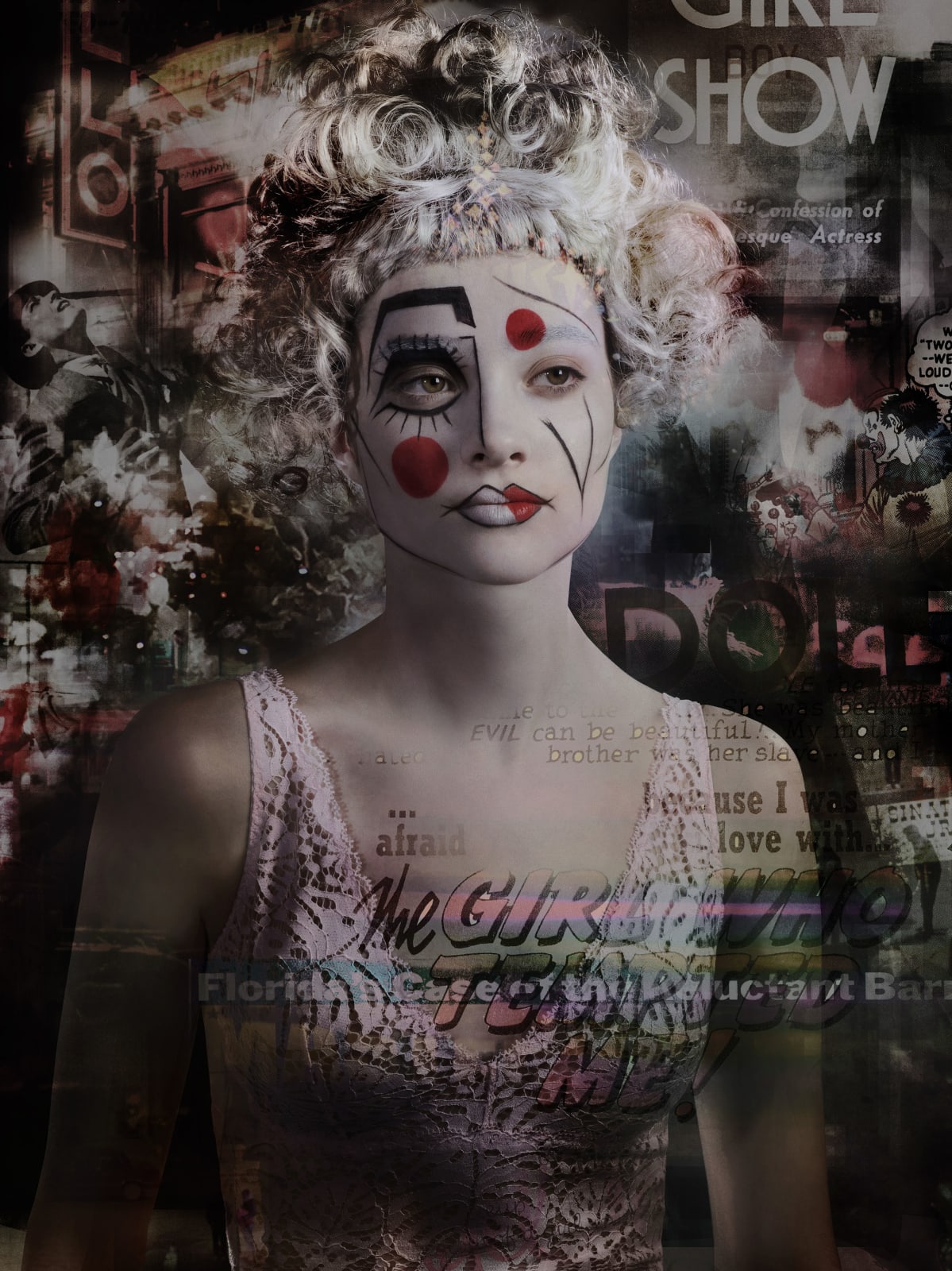 Valérie Belin Lady Doll portrait of woman in clown makeup with overlay of vintage city night scenes