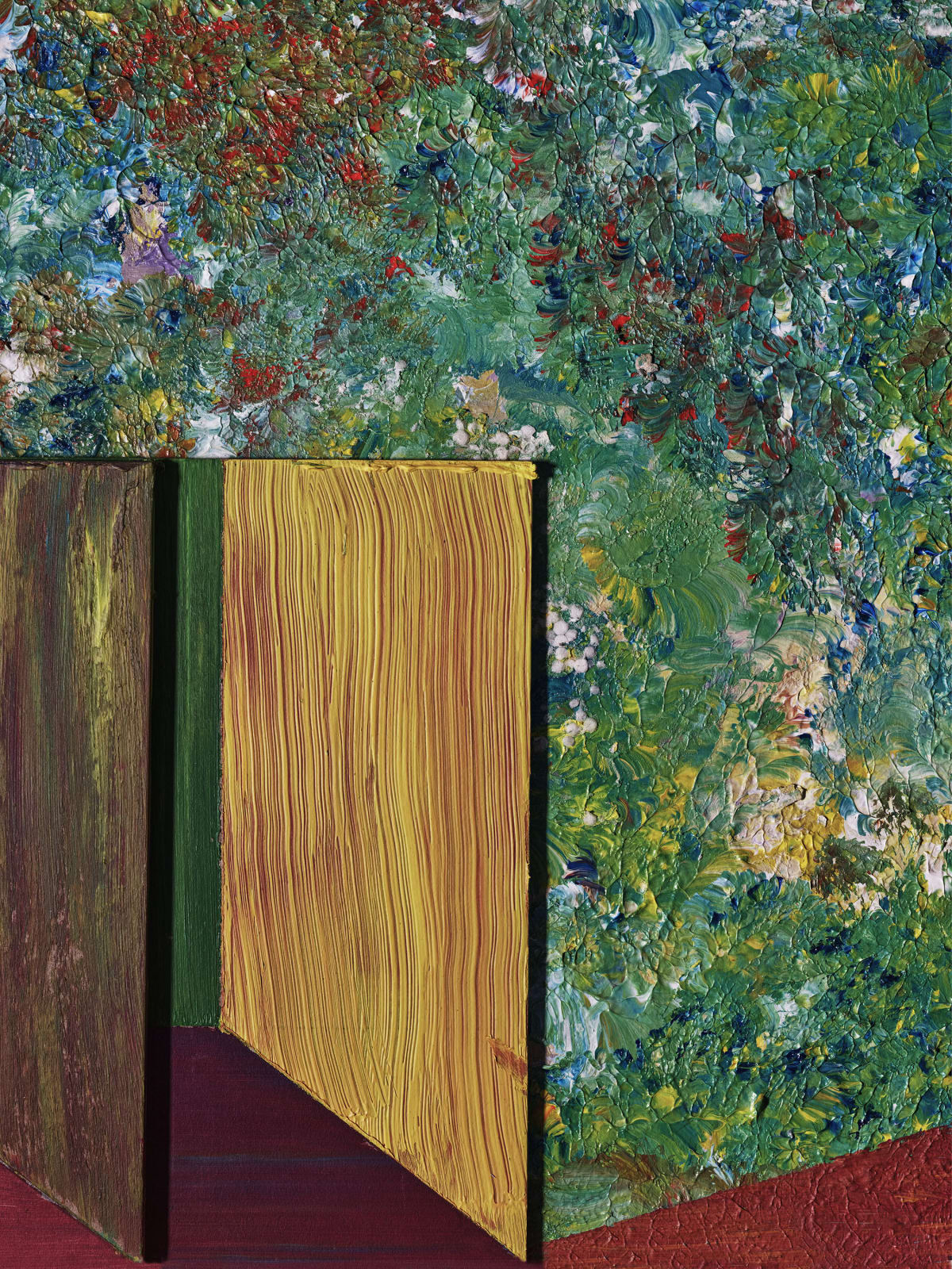 green painting on wall and wooden doorway