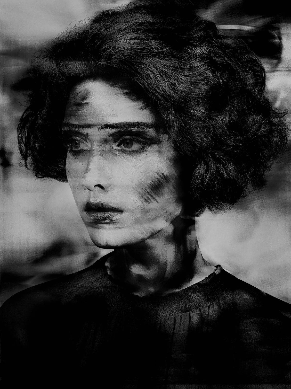 Valérie Belin Painted Ladies Lady Blur black and white portrait of woman with short dark hair and blurred digital effects