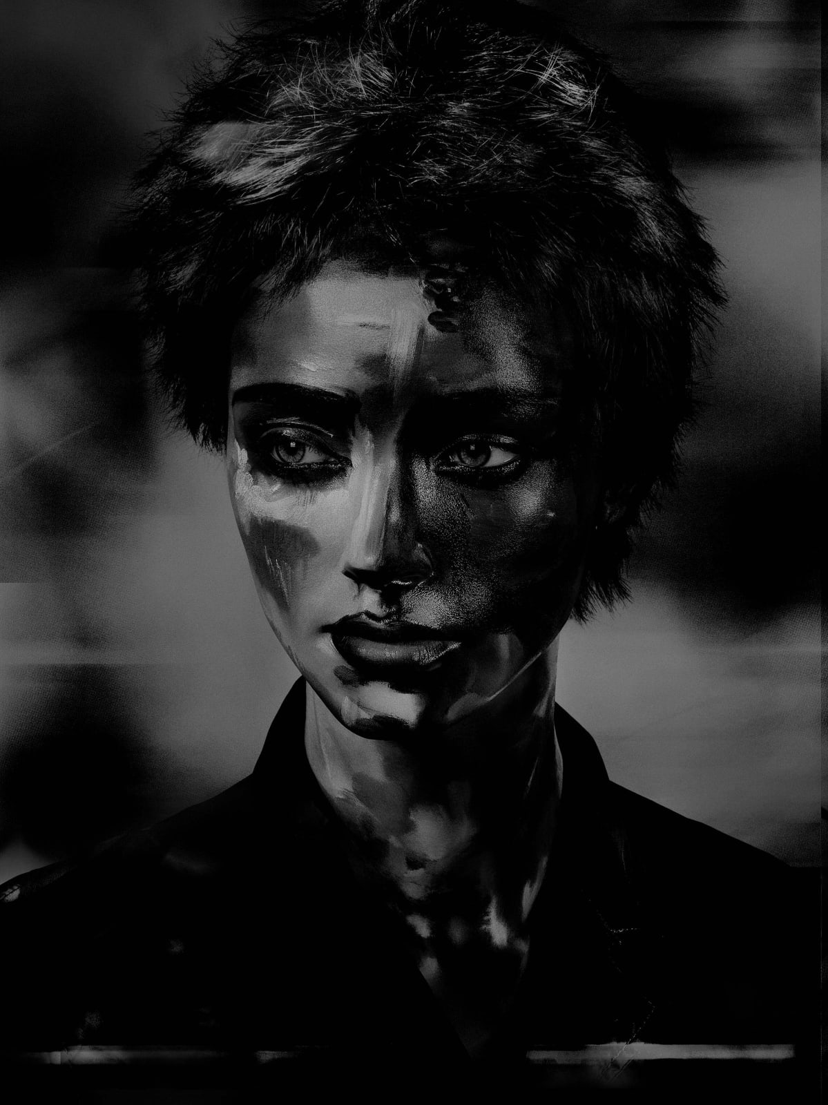 Valérie Belin Painted Ladies Lady Brush black and white portrait of woman with short dark hair and brushed digital effects