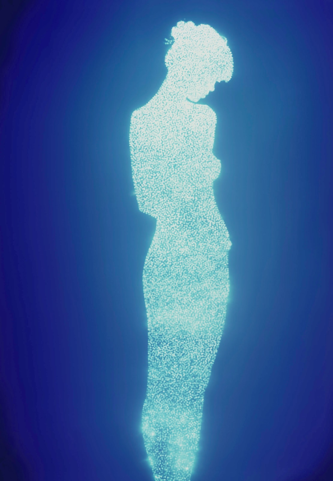 Christopher Bucklow Tetrarch, 11.29am, 17th September silhouette of nude woman in light made of pinholes illuminated by sunlight coming through blue background
