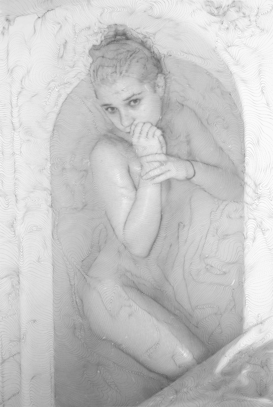 Sebastiaan Bremer Ave Maria 4 nude woman in bathtub with hand on mouth gray dot image