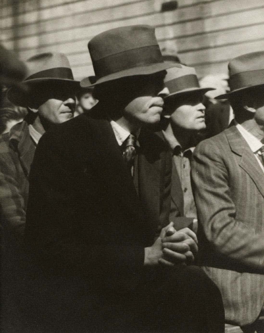 Dorothea Lange Waterfront Protest The Audience Listens men in suits and hats in audience