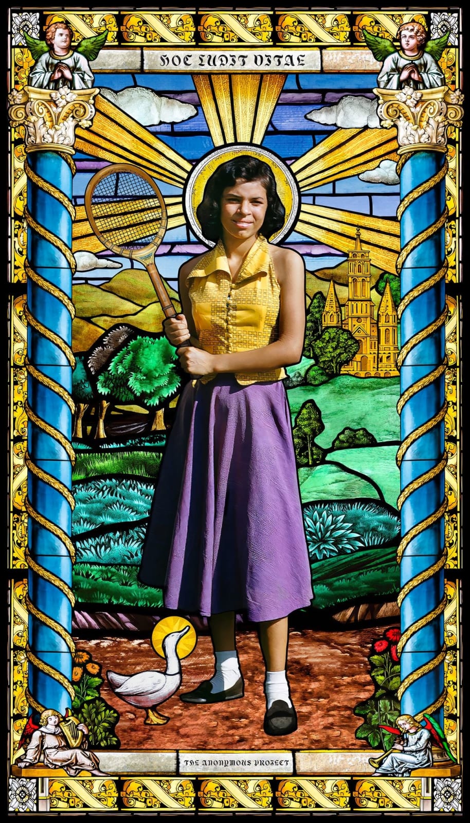 Girl holding tennis racket with goose in stained glass lightbox by Lee Shulman