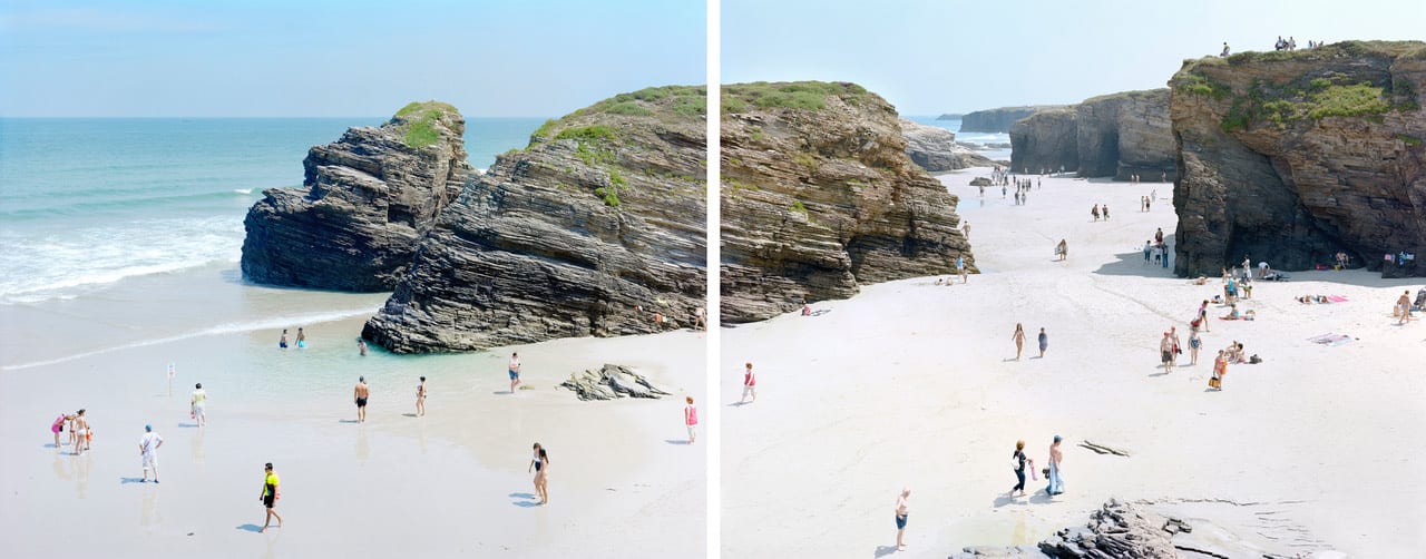 diptych of Las Catedrales Beach, Spain with beachgoers and blue sky, by Massimo Vitali