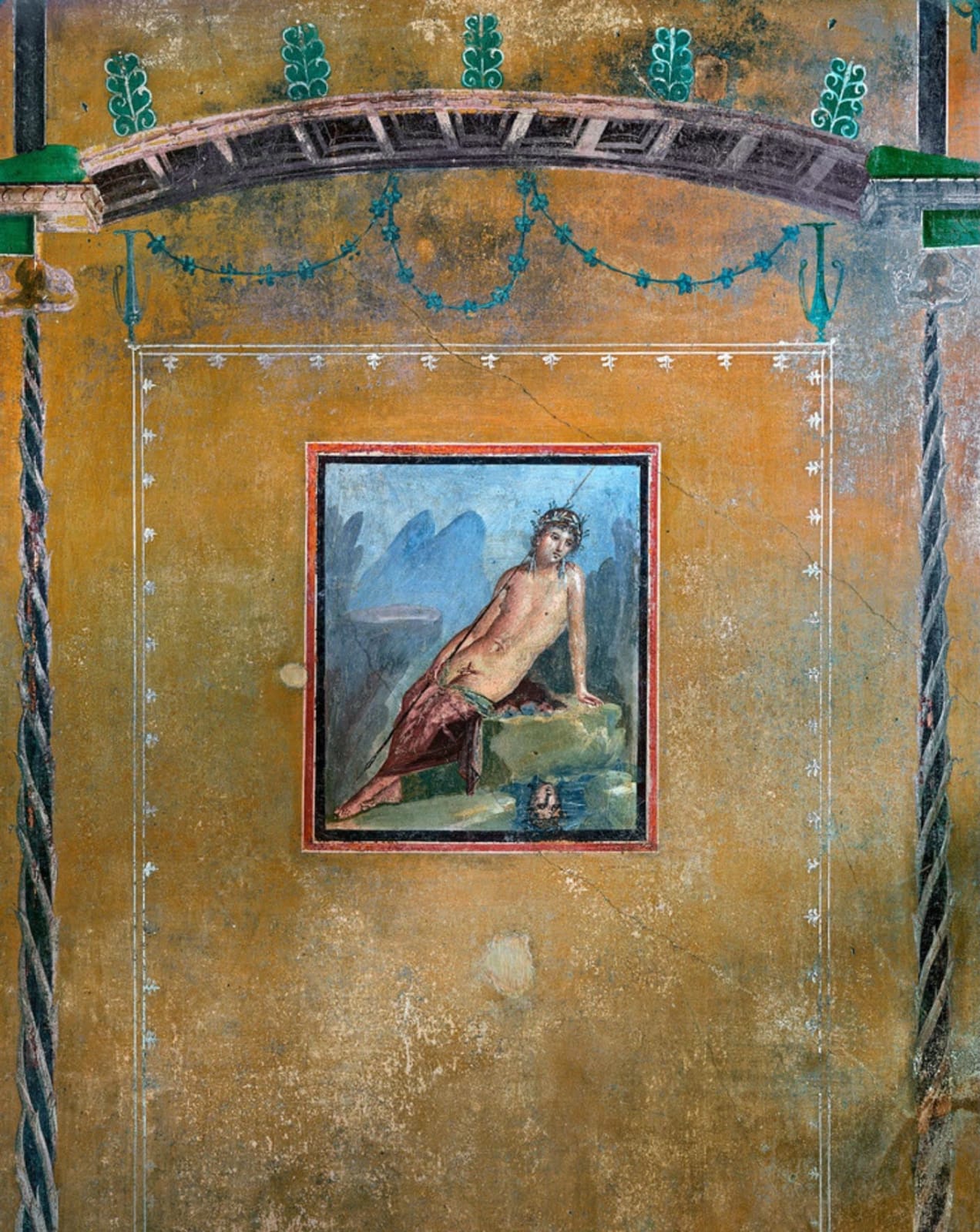 Robert Polidori, Narcissus fresco, House of Marco Lucretius Frontone, Pompeii, Italia, painting of nude narcissus on yellow wall