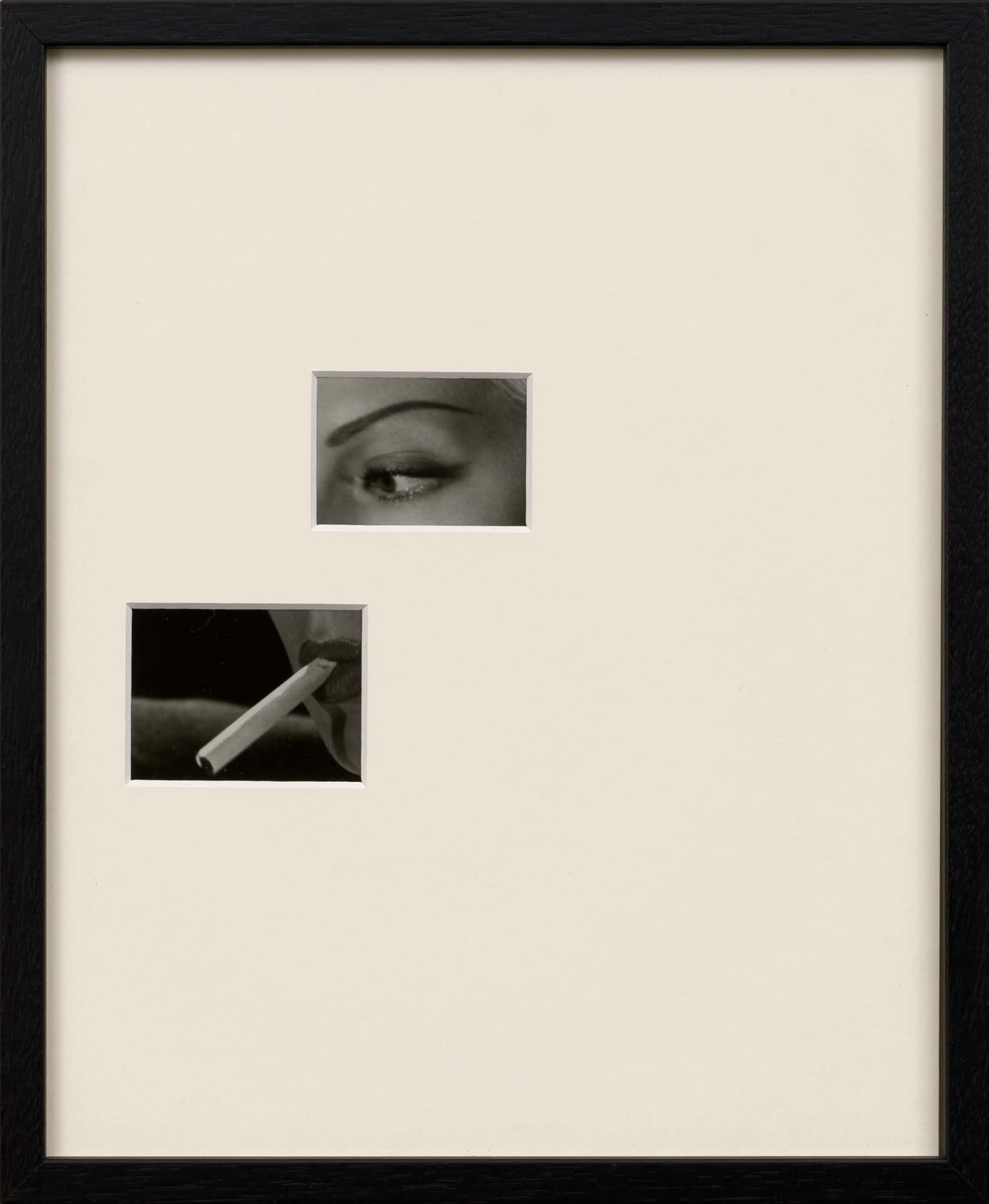 Custom mat with two square cut outs revealing a woman's left eye and part of her mouth holding a cigarette. Part of Sissi Farassat's Revelation series.