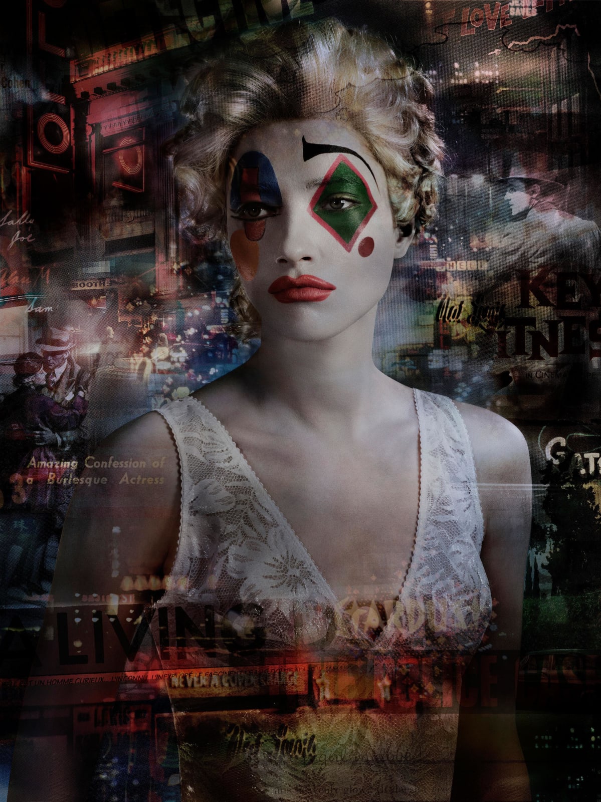 Valérie Belin Lady Burlesque portrait of woman in clown makeup with overlay of vintage city night scenes