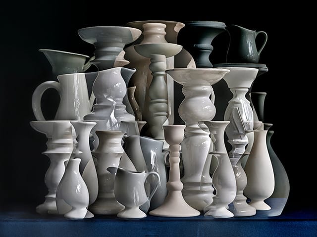 group of white vessels arranged in complex composition, by Abelardo Morell