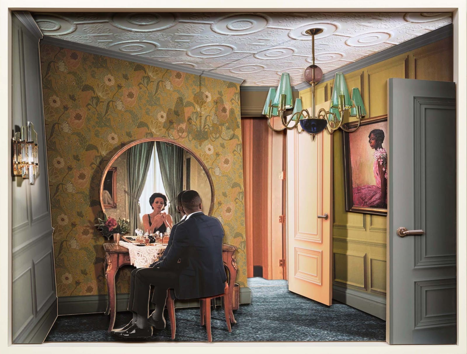 Constructed interior with floral wallpaper and man in suit sitting at mirror, with woman in reflection and painted portrait of woman on the wall, by Ron Norsworthy