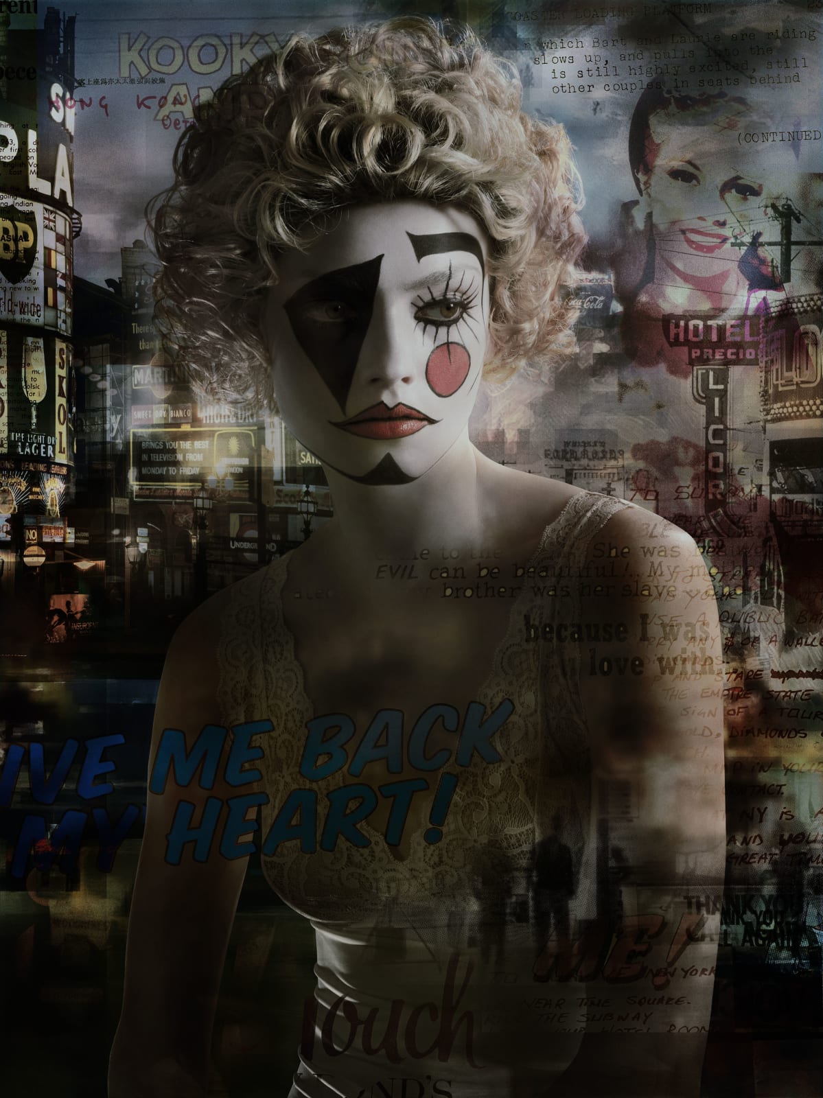 Valérie Belin Lady Heart portrait of woman in clown makeup with overlay of vintage city night scenes