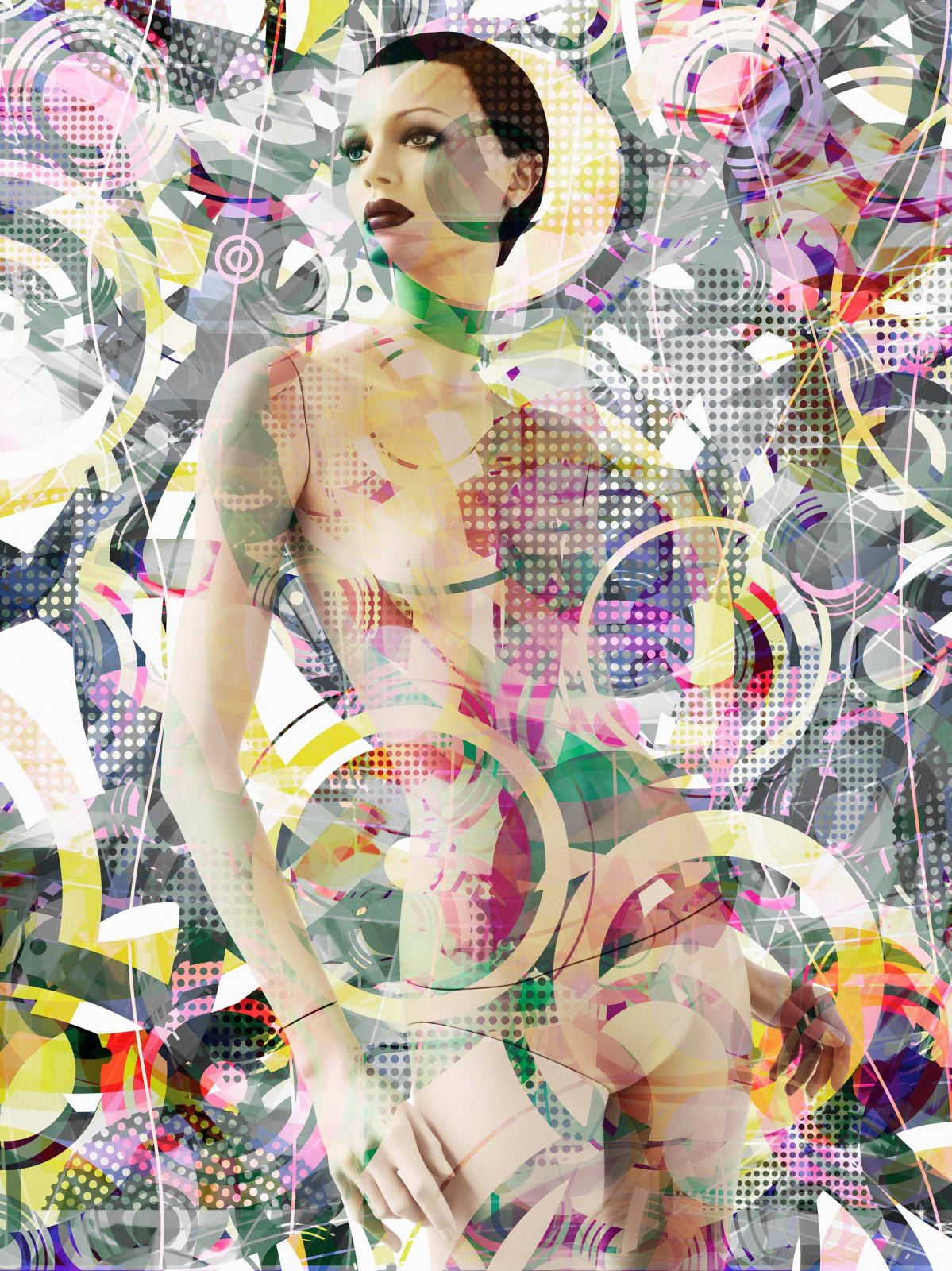 Valérie Belin Aura Super Models nude mannequin with multiple exposure image with colorful abstract shapes 