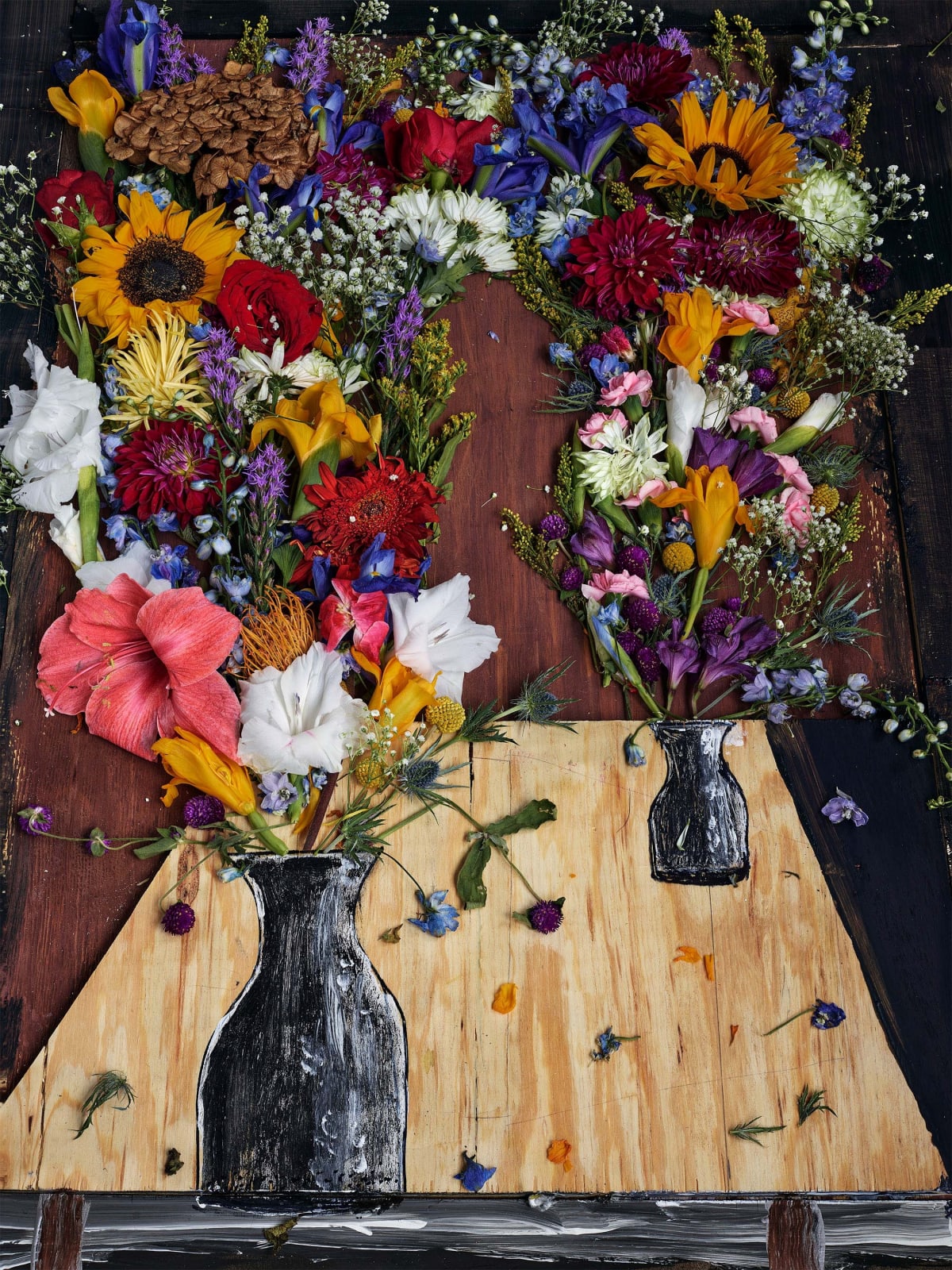 Abelardo Morell Flowers for Lisa #29 two dimensional illusion of two vases of flowers on plywood table background