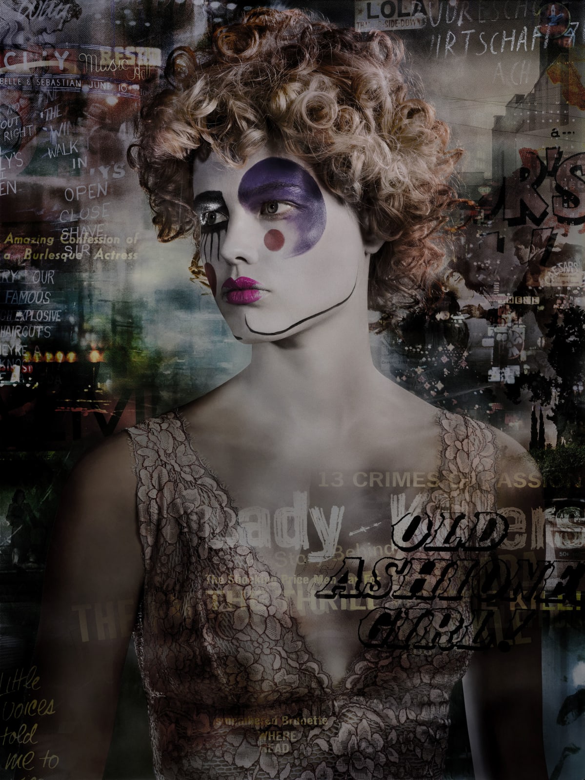 Valérie Belin Lady Killer portrait of woman in clown makeup with overlay of vintage city night scenes