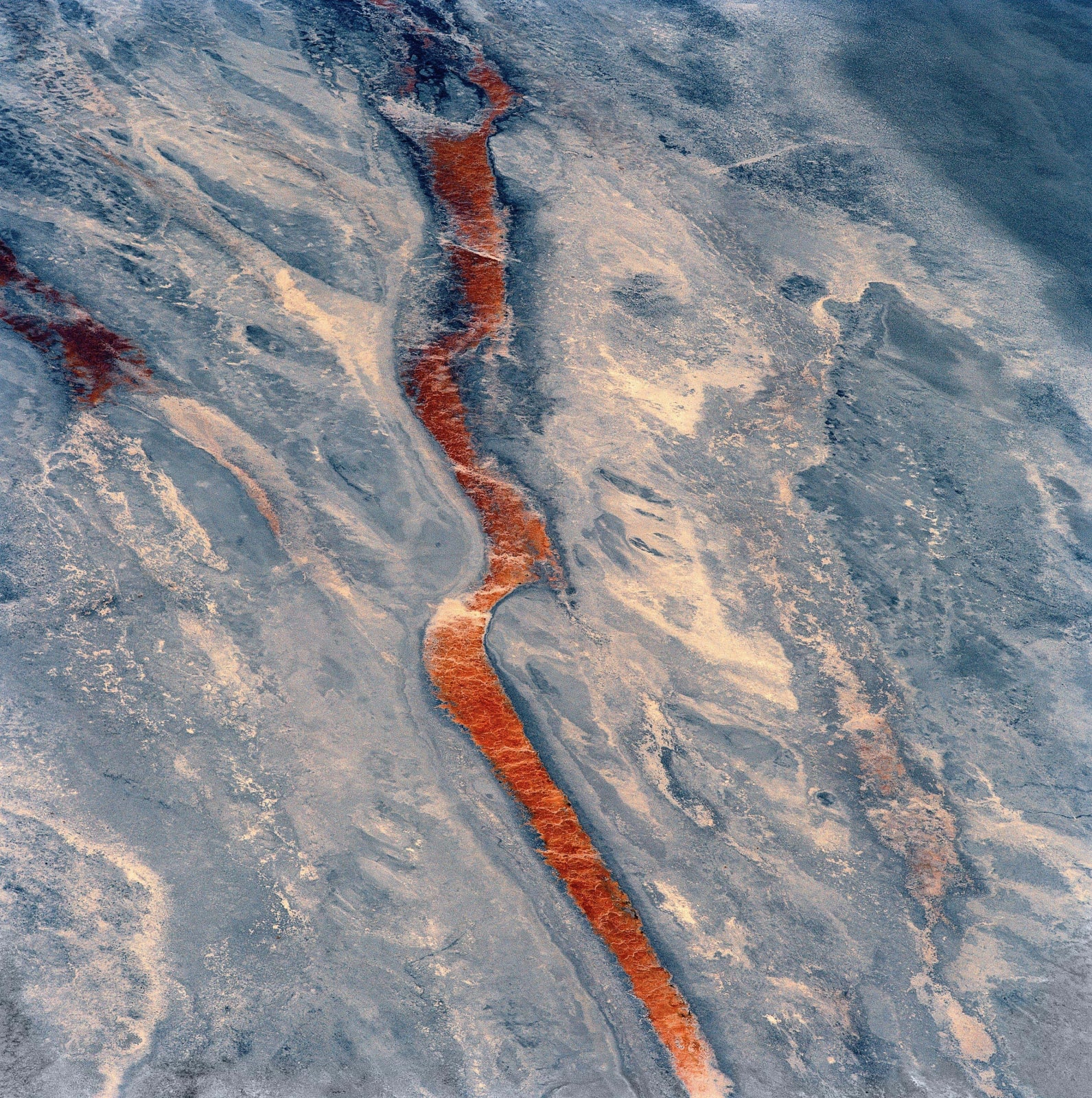 aerial view of red water at Owens Lake, California, by David Maisel